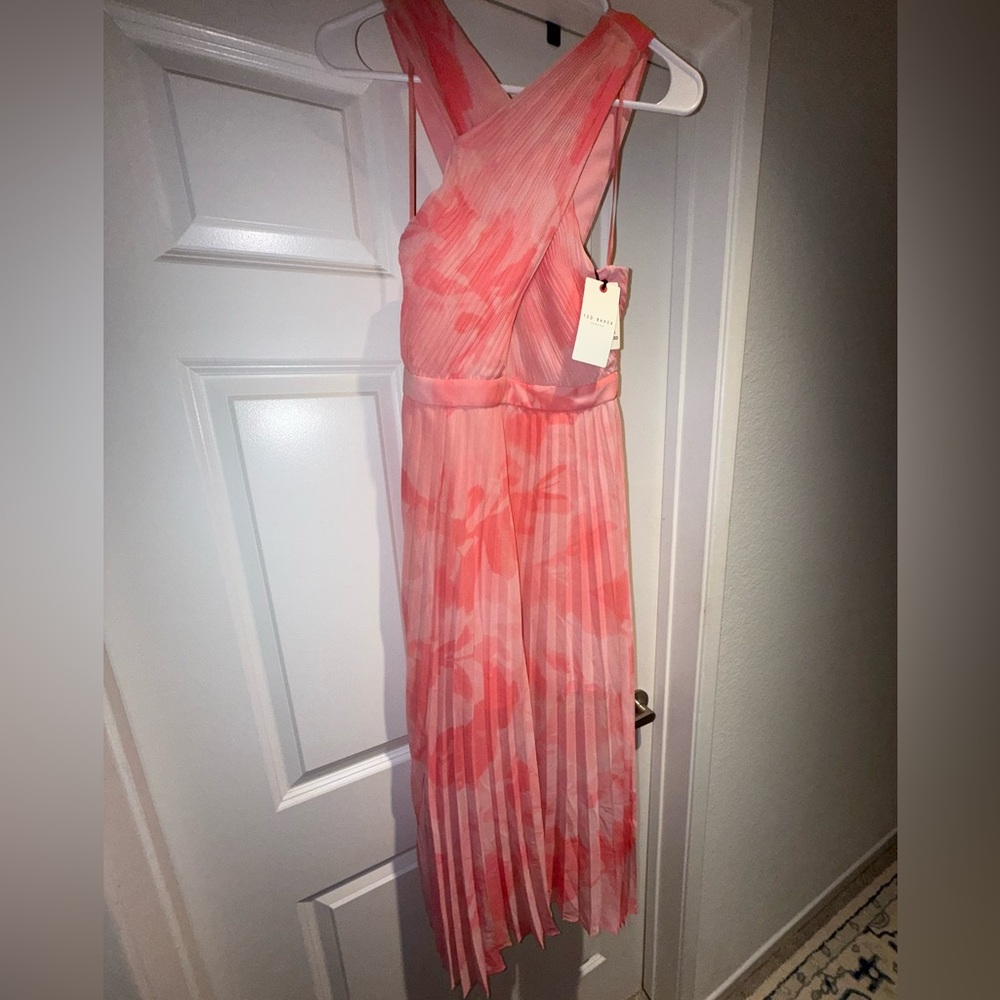 NWT Ted Baker London Mirelia Coral Pink Pleated Cross Front Midi Dress 0 $395